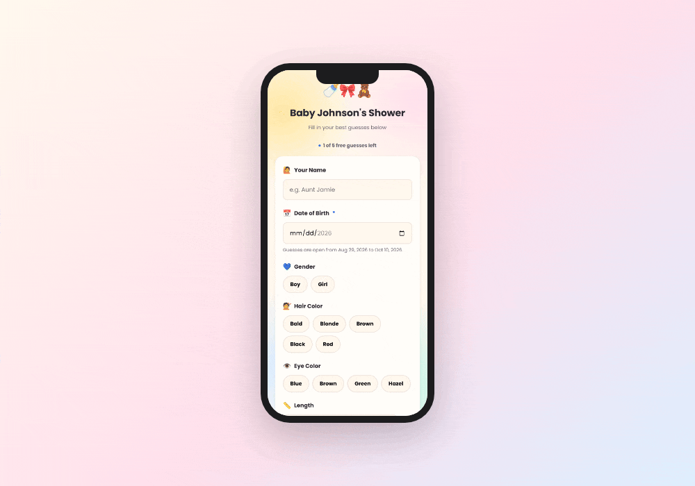 A guest scans the QR code on their phone, submits a guess, and the shower's live dashboard updates instantly with the new guess.
